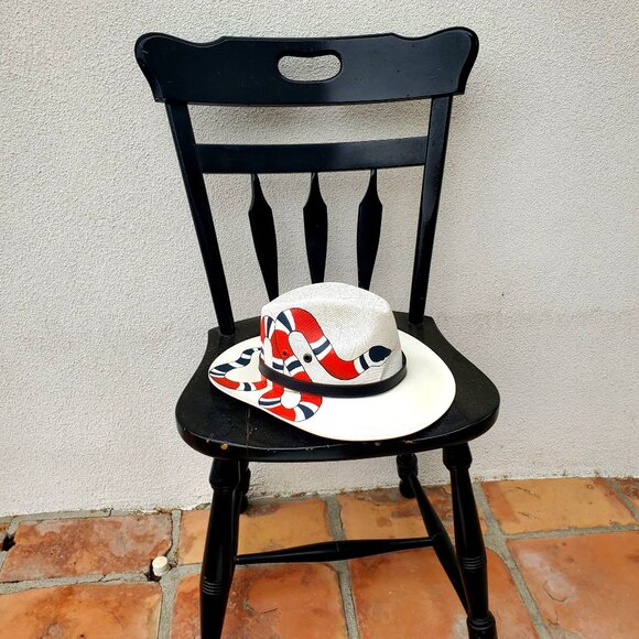 Hand Painted Snake White Fedora Straw Hat Made in Mexico Size Medium - Picture 11 of 13